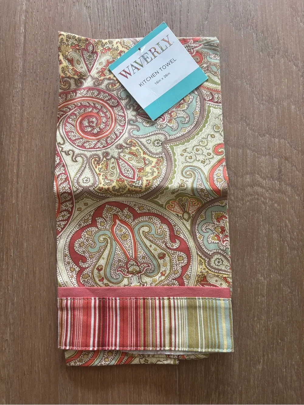 Waverly Paisley Stripe Kitchen Towel in Coral, Sage & Gold